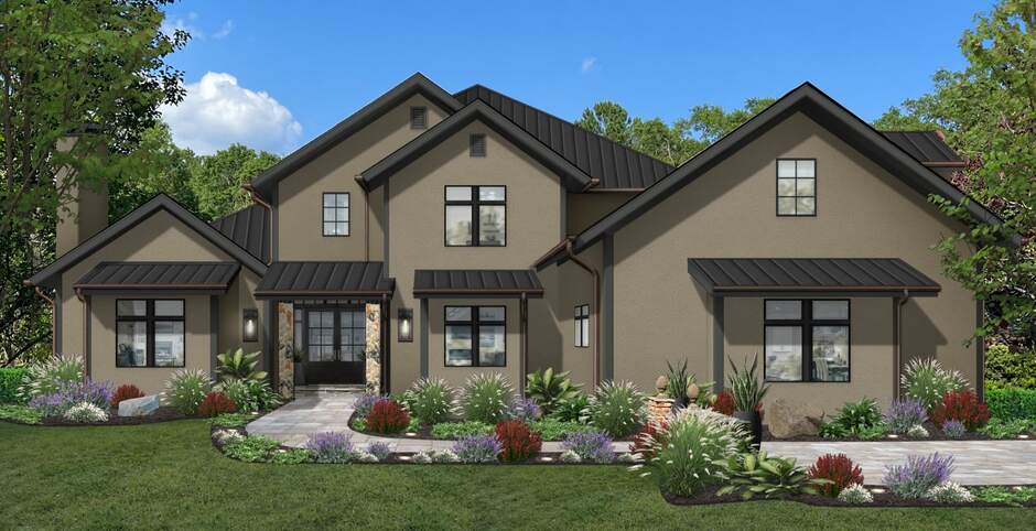 Green-gray home with dark fascia and metal roof