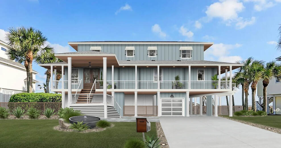 Coastal home with white, blue, and wood accents